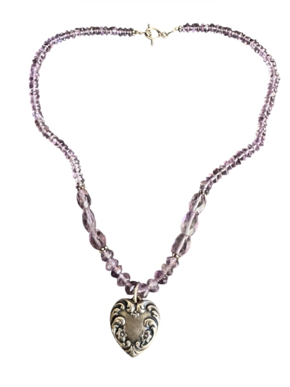 Y2K Amethyst Beaded Necklace Sterling Silver Puffy Heart Pendant Vtg 15" Choker